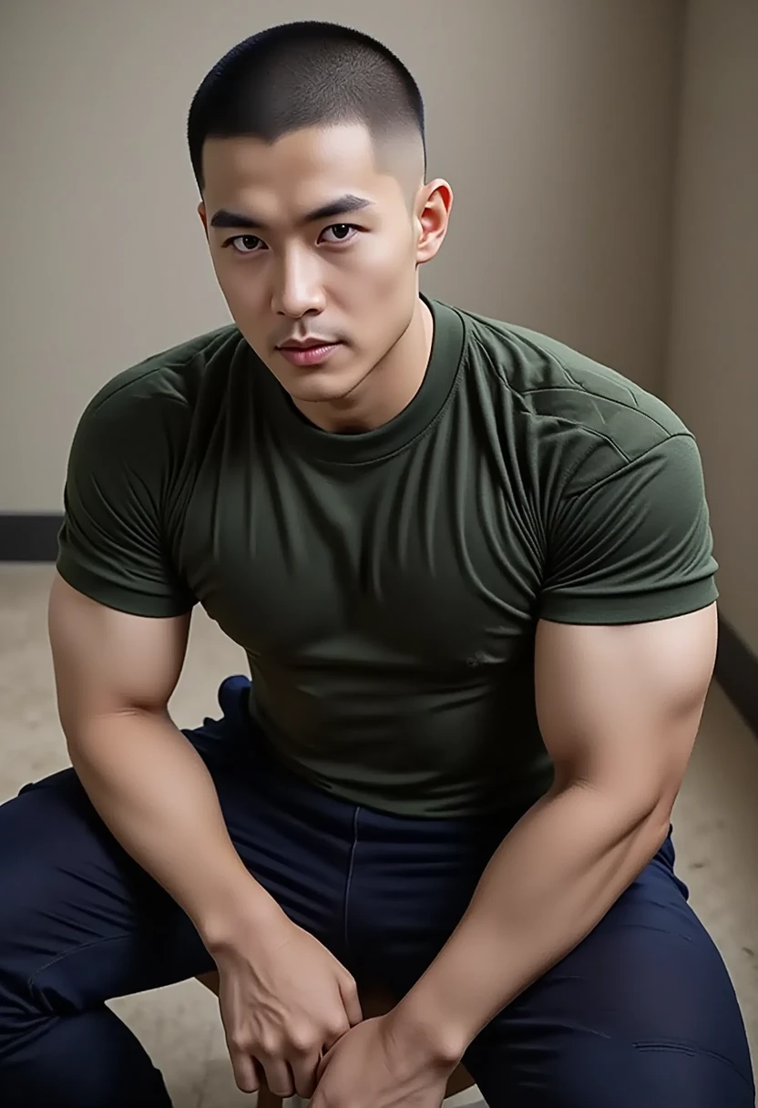 deep focus,highres:1.2),(realistic:1.37) portrait,Dean,17 years old,FBI agent,weapon specialist,slightly serious expression,brown hair,green eyes,strong physique,full-body shot, wearing nothing, shirtless, you can see his chest and six pack, only camo pants, working out,male,professional lighting. And bekah 16 fbi profiler and tech specialist brown bling hair blue eyes male