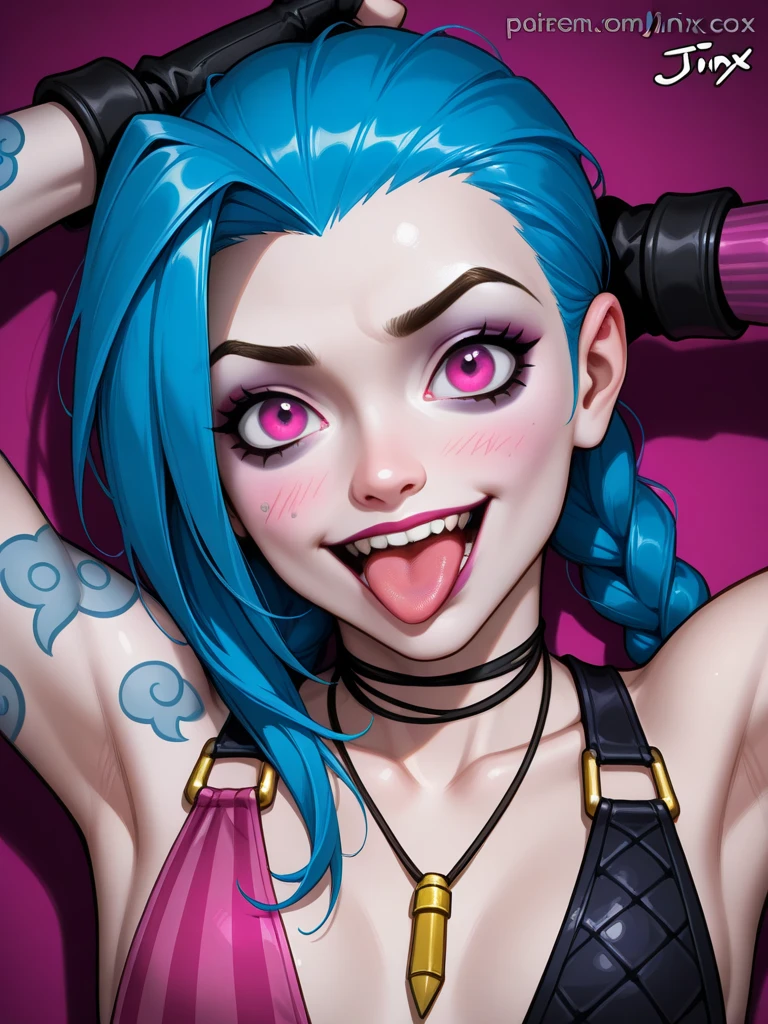 Jinx, a League of Legends character, taking a selfie looking very close to the camera, In the photo Luxana Crownguard also appears behind her.