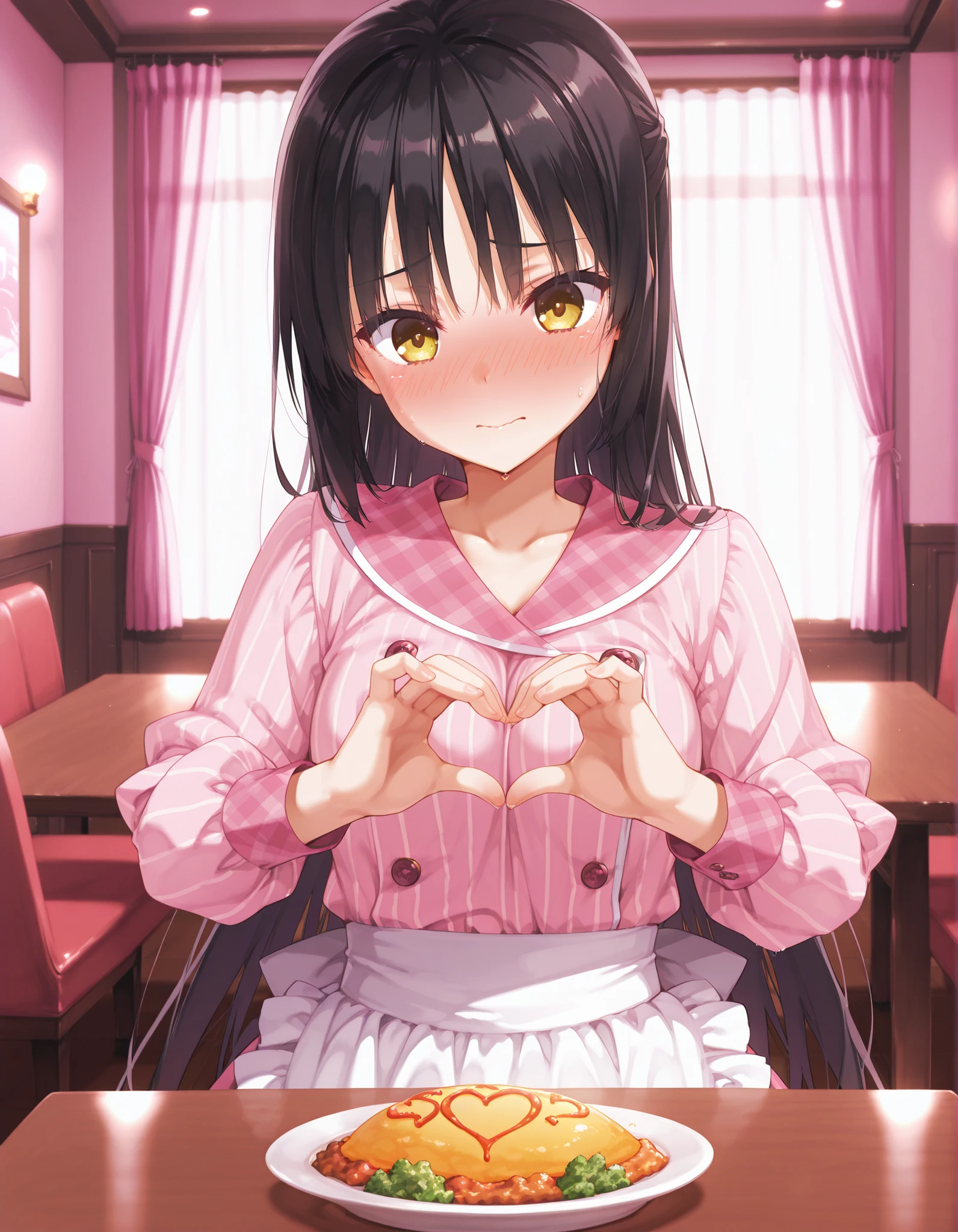 solo、score_9, score_8_up, score_7_up, score_6_up, score_5_up, score_4_up, 最high quality, masterpiece, Super Detail, high quality,
shiki natsume , Cafe Stella and Reaper Butterflies , Muririn ,
black hair , bungs , long hair、yellow eyes、
blurry background、
waitress, pink shirt, striped shirt, vertical stripes, plaid sailor collar, long sleeves, puffy sleeves, waist apron,
(embarrassing、full face blush:1.weat、
maid, indoors, table, food, curtains,heart hands,omurice,
Pink Wallpaper、
