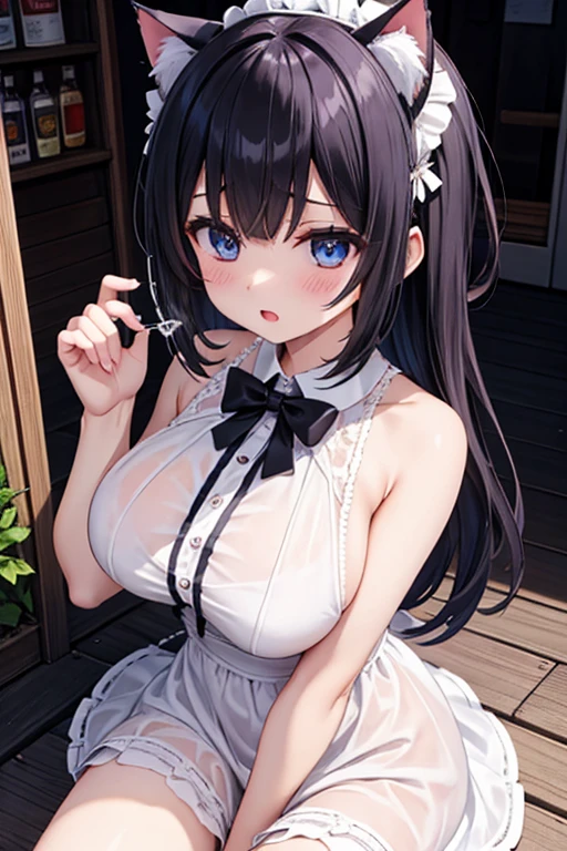 high quality, masterpiece, super detailed, Bottom view，1 girl,  extremely detailed faces, Blue-white striped bikini，Maid tiara，Dance ballet,Kneeling on the ground，handcuffs，collar，Calm expression,Smile，handcuffs，collar，long black hair, charming pink eyes, fox ears, Ridiculously big, shiny skin, Dance room, wooden floor，Medieval town