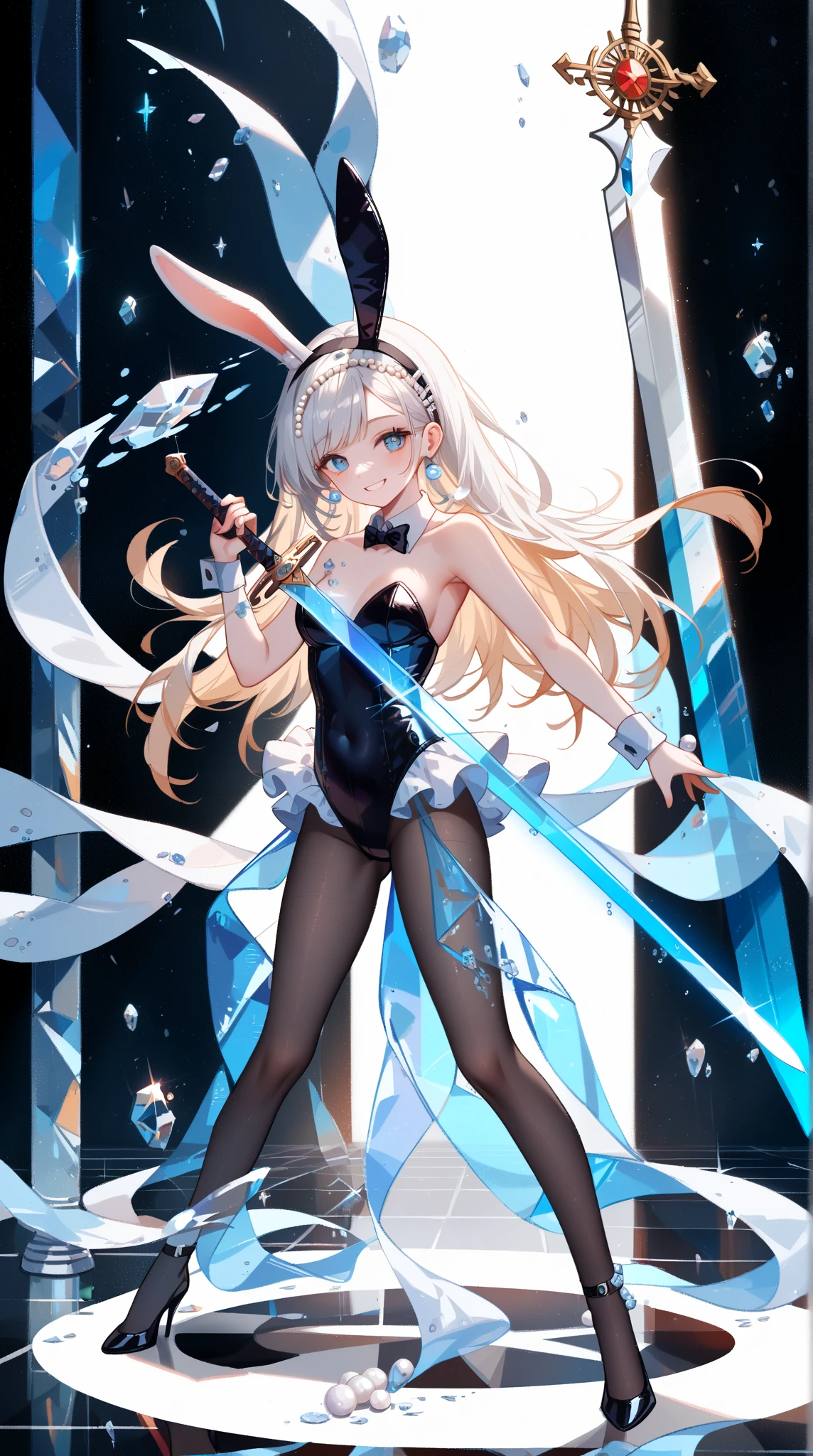 white girl with straight blonde hair, blue eyes, slim, wearing a black swimsuit with a prism opening at the navel, holding a wand, black background