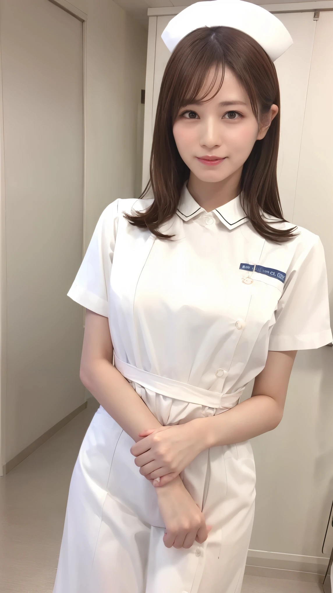((masterpiece, highest quality, Very detailed)),Hime cut, Blunt bangs,beauty, Japanese girl, nurse, whole body, Perfect Anatomy, Black Hair, Upstyle, nurse uniform, ((Nurse cap)), Long skirt, nurse, White costume,thin,hospital,clear,