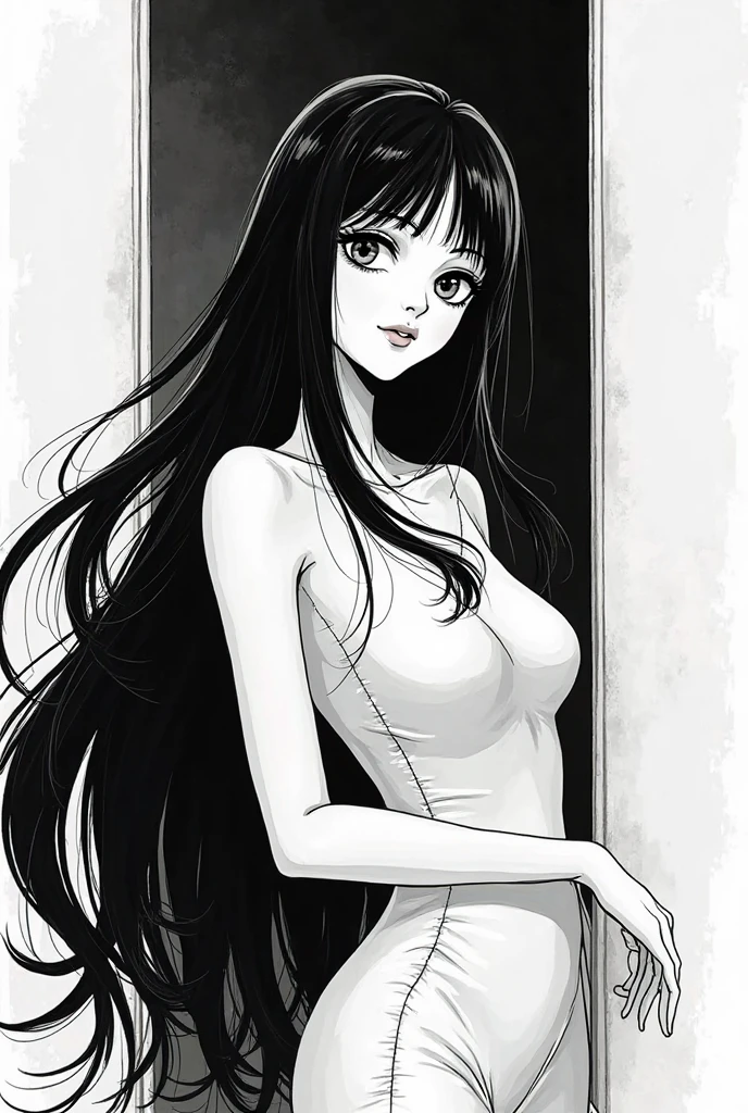 2 woman who is like a cute cartoon but at the same time she looks very tired with dark circles and tiredness from work who has black hair and is thin without many curves shows the full body of a woman, not a girl, with long hair down to the waist
