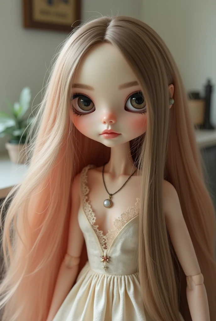 Blythe doll de cabelo castanho, with a pink mouth without bangs and a hairstyle with hair parted in the middle
