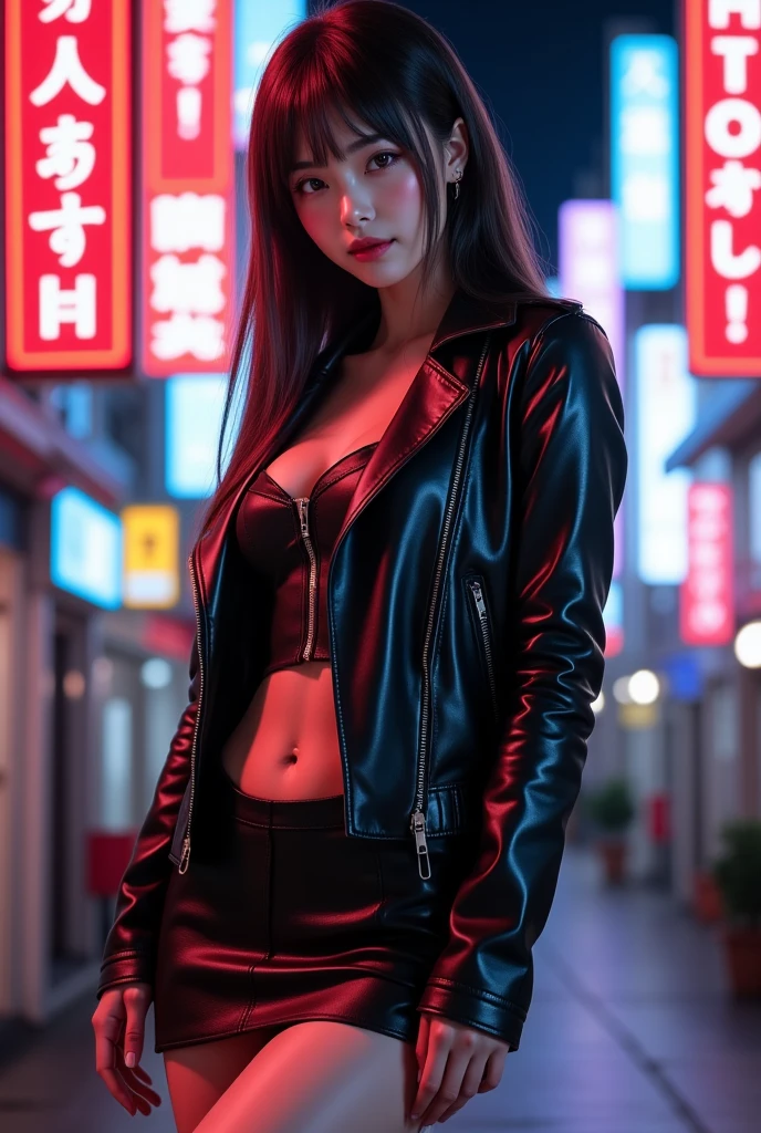 Beautiful girl with big breasts, Wearing a sturdy jacket, Long Hair, Cyberpunk night scene with mechanical weapons, Cyberpunk Red Green Background、Pre Close