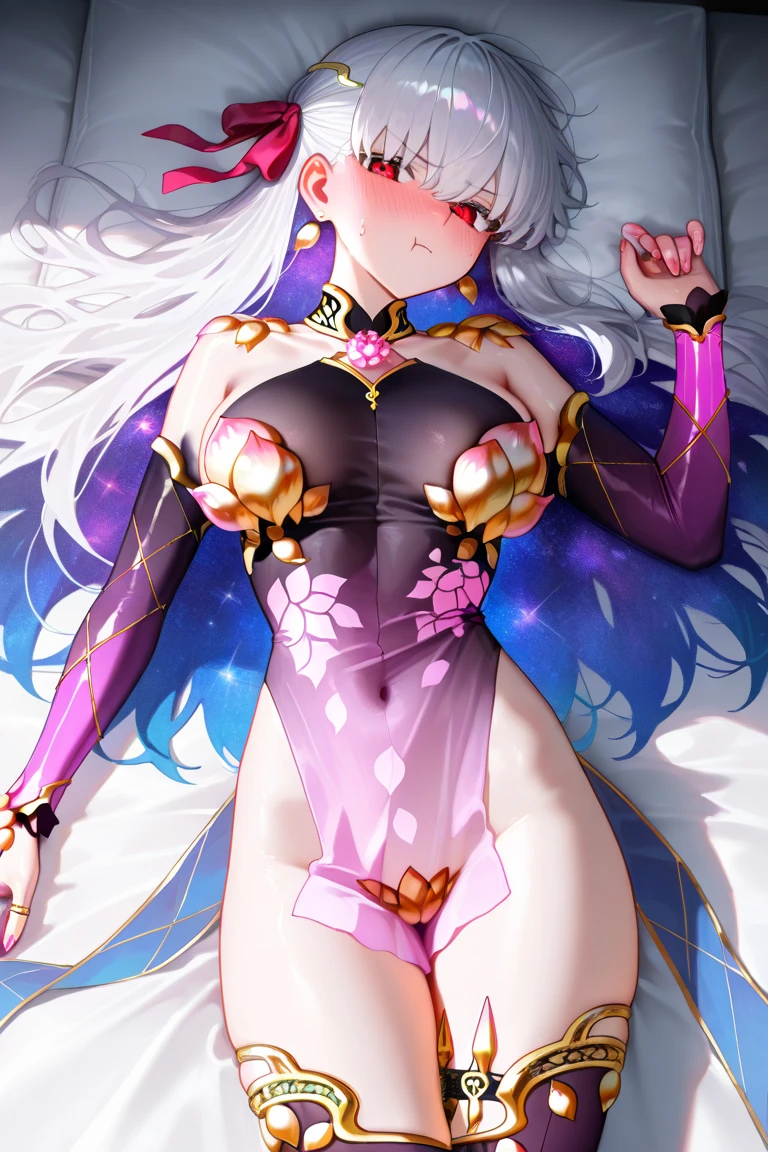 The erotic silver saint in a super high-cut, risqué slingshot and string swimsuit outfit has her hands raised, her legs spread wide, and is tied up with chains, suspended in mid-air, unable to move and feeling embarrassed.(((SFW、sound、Highest quality、first-class、masterpiece、Normal body、8k、Detailed face、Ultra-precision、Normal hand、Normal finger、5Finger、Highest)))、After repeated training, she has fallen into a state of pleasure and is always in heat, with her eyes turning into hearts.、Heart Eyes、180 degree split