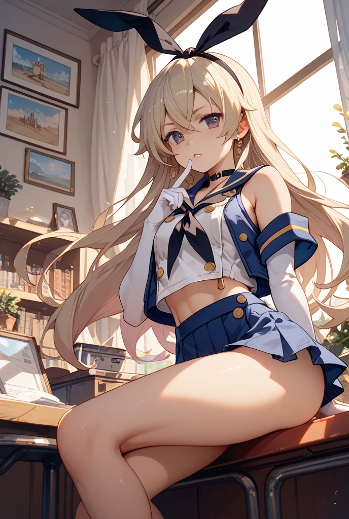 top-quality、realistic touch,high-detail、photoRealstic、thin-waist、captive beauty、big eye、solid platinum-blonde eyelashes、platinum-blonde、full body Esbian、Sparkling eyes、Submissive smile、Flushed cheeks、Kamimei、thin-waist、Voluptuous thighs、Enraptured look、In the classroom of the school、Navel look、She is in estrus、a sailor suit、cocky expression、Colossal tits、Super short skirt with V-line visible、Camera angle from below、Big breasts visible between uniform and stomach、Sleeveless、Squat with open legs、