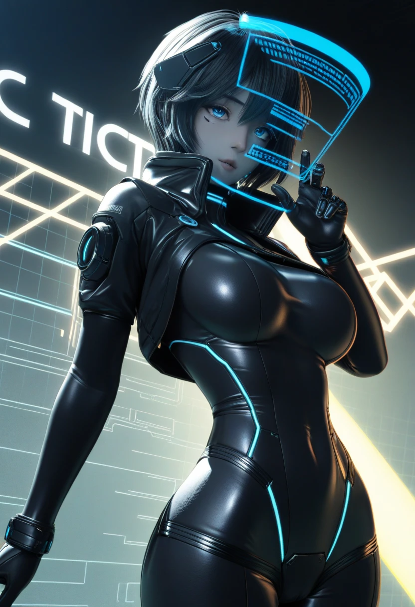 Science fiction, masmorra mais escura, voluptuous woman with curvaceous body wearing big black dress with serious look, sem orelhas de animal, olhos azuis, Black braid, pelos pubianos, altamente detalhado, 4k, obra de arte, cinematic lighting, de cima, sem orelhas de animal, espada do poder cyberpunk