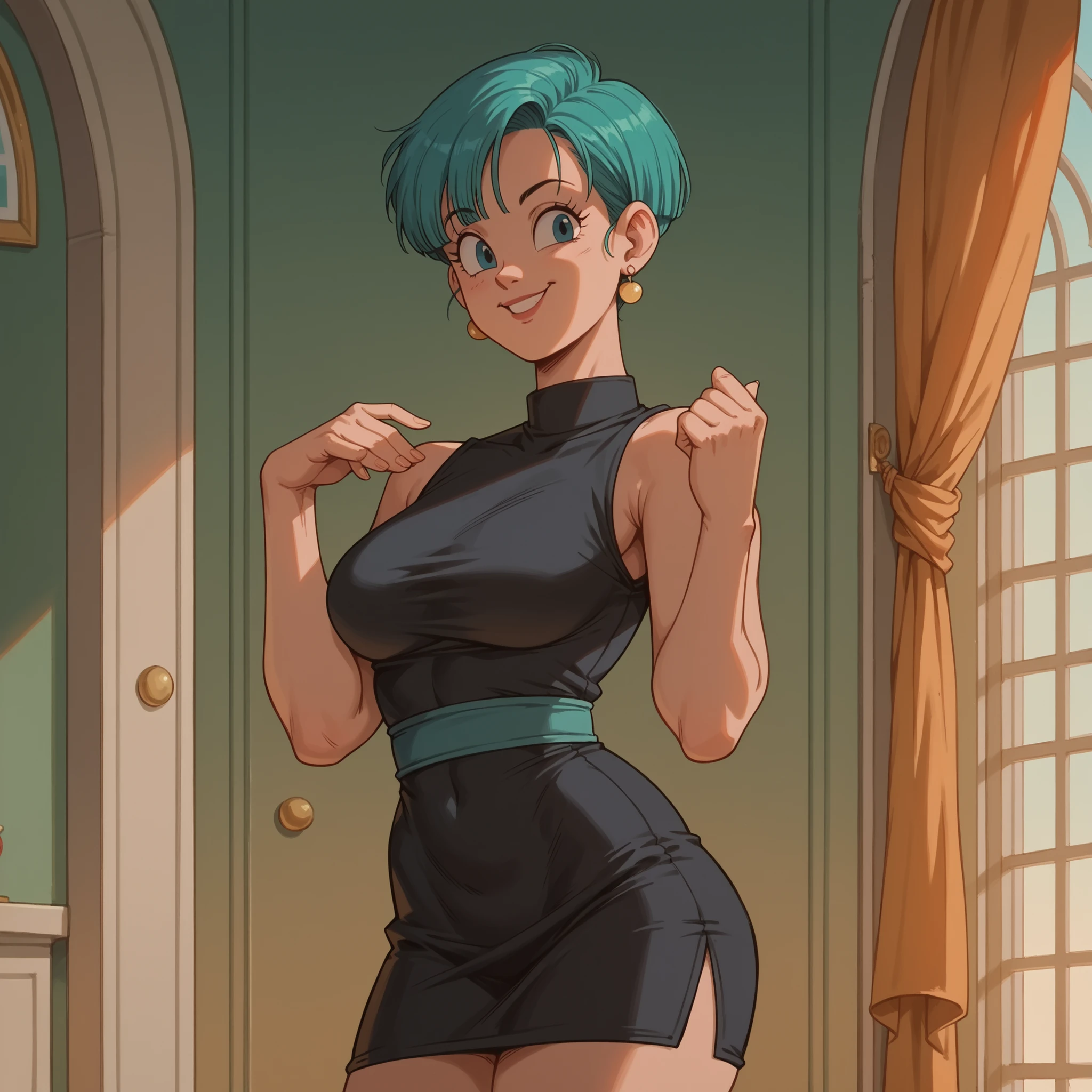 masterpiece, high definition, 8K, detailed body, detailed face, detailed eyes, hands grabbing her breast, topless, no bra, Bulma from dragonball z, Deep blue eyelack lingerie)), house, city view, ((large breasts)), slim and thin, body of equal proportionull body view)), front view, four fingers and 1 thumb, ((2 handlue hair, Beautiful smile, Smiling at viewer, blushing cheeks,