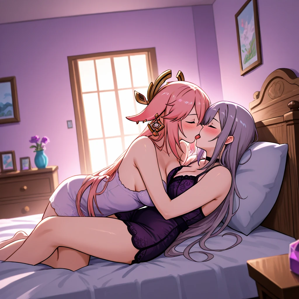 score_9, score_8_up, score_7_up, source_anime, rating_explicit, beautyful woman, gothic, mature woman, tattoos in whole body, slim body, slender body, lilac bra, long sidecut hair, lilac hair, long hair, black lipstick, lesbian , 2 woman, japanese woman, slender body, pink bra, long black hair, fringe hair, motel room, night, milf, huging, in bed, talking