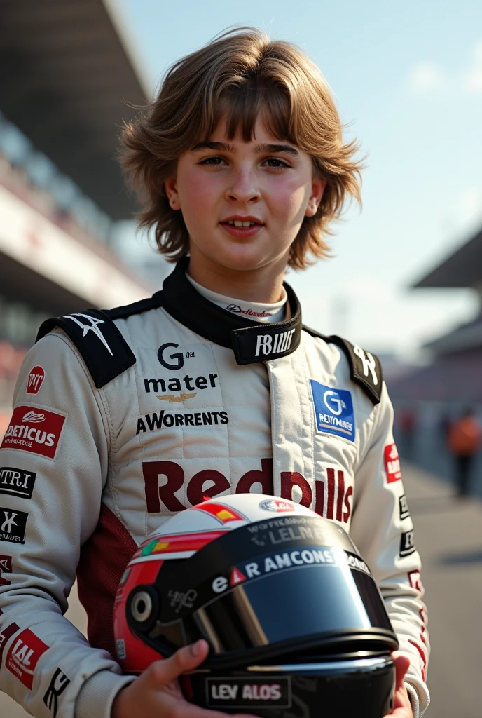 Une avec des cheveux blond, plus court que sur la photo. Elle sourit pour une photo et elle a un uniforme d'école gris avec un pantalon gris.