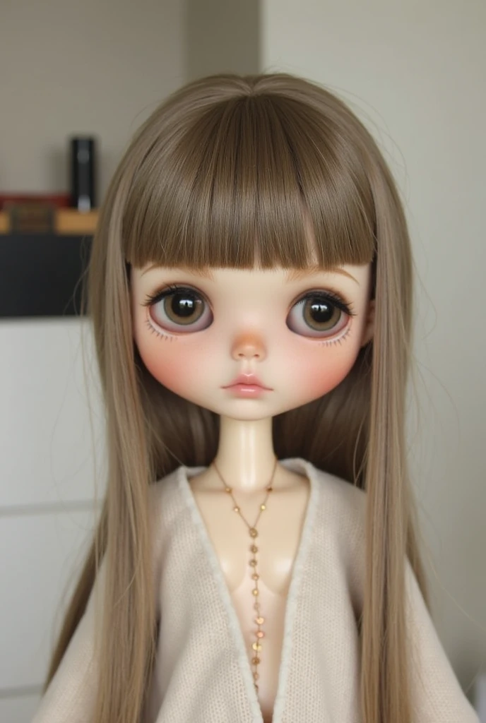 blythe doll with dark-brown and short hair, straight hair, light-brown eyes, small freckless on the nose and a little bit on cheeks, pale white skin, medium cheeks and lips, with no bangs and
fringe, straight and pale rose lips, only one doll