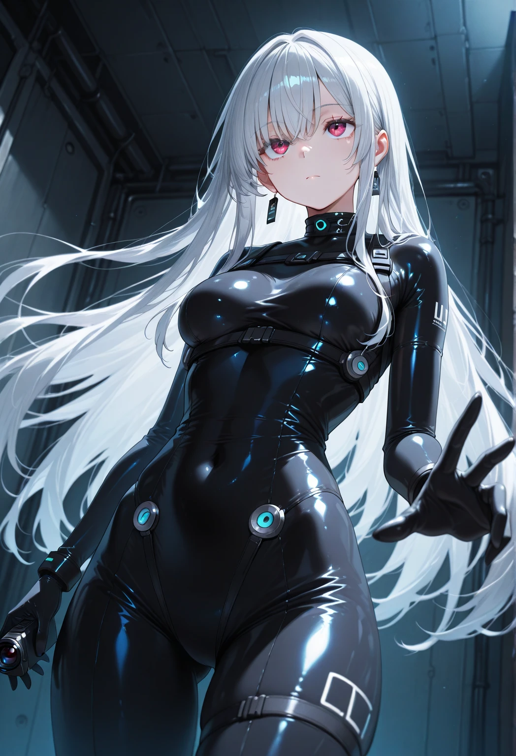 anime、moe、1 adult female、sexy woman、big breasts、long hair、straight hair、silver hair、Bodysuits、In town