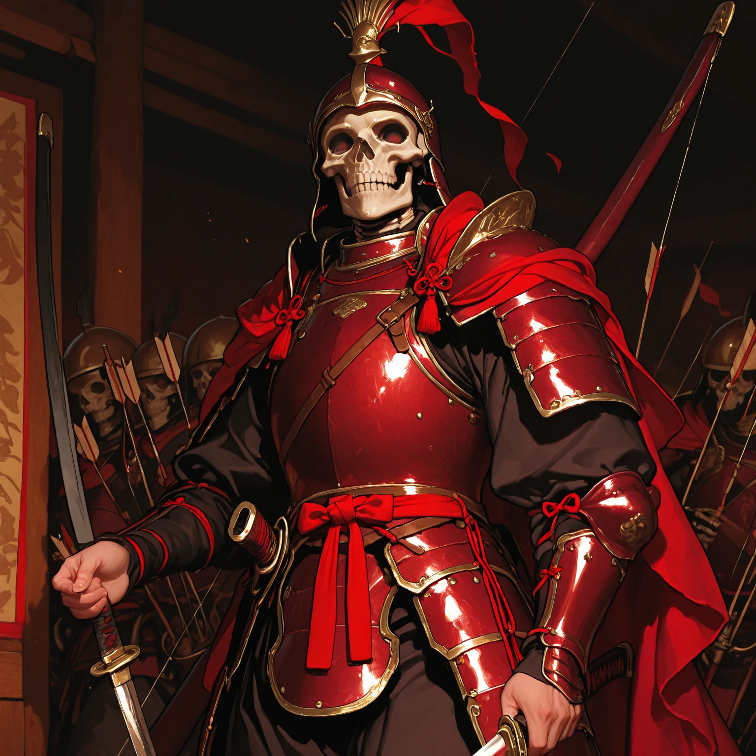 <lora:crmu:0.6>crmu, samurai with skull face, closeup, castle, fire