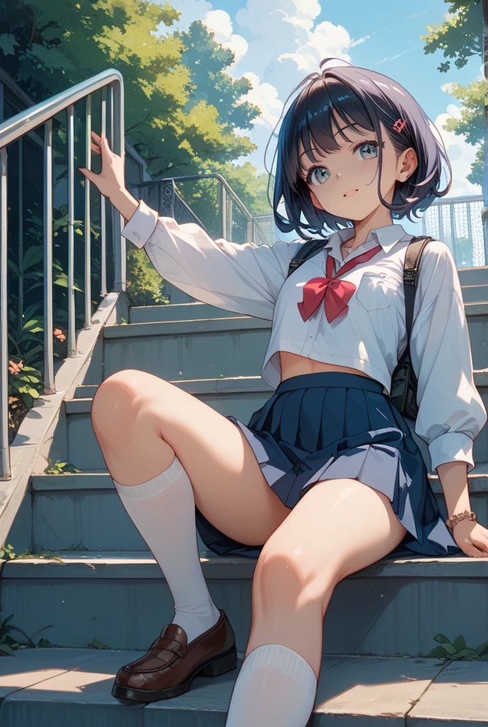 Masterpiece to the smallest detail、top-quality、girl with、17 age、独奏、Looks like 、150cm petite beautiful girl、small tits、a baby face、red hairs、Gradient bob in the forward、Pink and violet mesh、red eyes、Red eyes、Tall, big eyes、Outstanding looks、A lovely child、proximity、closed_mouth、a smile、red blush、full of shyness、blue headwear、Hats、pink bowtie、校服、 Blue jacket、jaket、skirt by the、Gray skirt shirt、white shirt、an legs、Black socks、sitting on、Classroom、hair_ornament、looking_at_viewer、beatiful detailed eyes、Akame、panties on、lift up one's skirt、Professional effects、