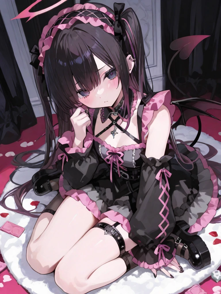 Handcuffs with chain,hands under the chin,own hands together,open mouth,tongue out,cum on tongue,Kneeling,Straight Stand,1girl,(((()))),Short,slender,small breasts ,front face,from front,front view,looking at viewer, looking down,(from above:2.0),cowboy shot,Black Hair,Short Twin Tails,Gray Eyes,Drooping eyes,slit pupils,narrow eyes.Mischievous smile,Sheer black and dark pink negligee,Sexy Lingerie,garter,Collar with leash,Dimly lit room,Gray wall,On the bed,Dim lighting,Beautiful and detailed anime art,submissive female,