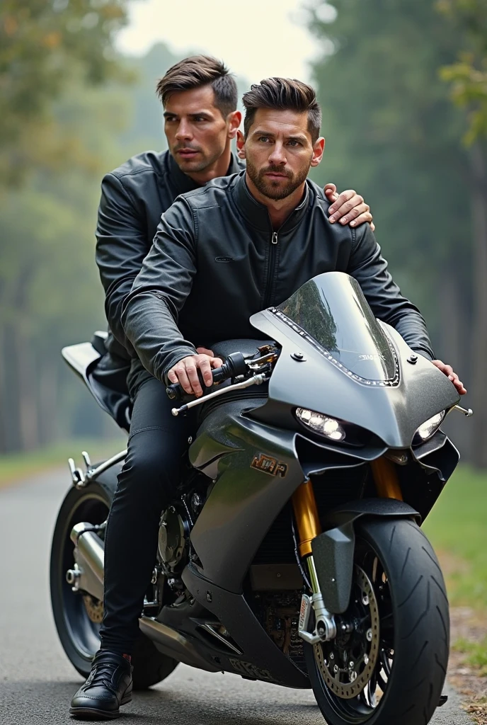 full view full body A sexy white gay male couple with undercut clean shaved haircuts, share a kiss on a super-sport luxurious motorbike, showing off their muscular bodies in leather suits, chunky fashion patent loafers and white thin socks, lots of silver rings, necklaces, bracelets, in dark street at night, one of them feeling his friend's loafered foot