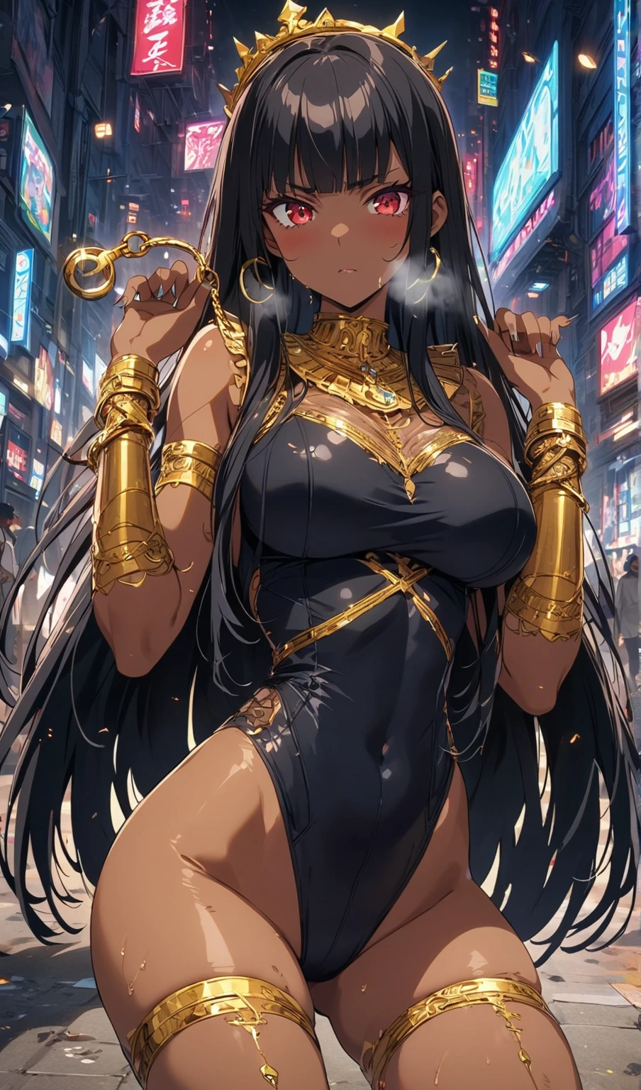 ((masterpiece:1.4, best quality)) ,Egyptian girl),(black hair),(Yellow eyes),(Cat ears),(Black skin:1.2),(black people),(Egyptian-inspired clothing),pyramid,solo , (milf ), (large breasts, wide hips:1.2 ), sexy , cowboy shot