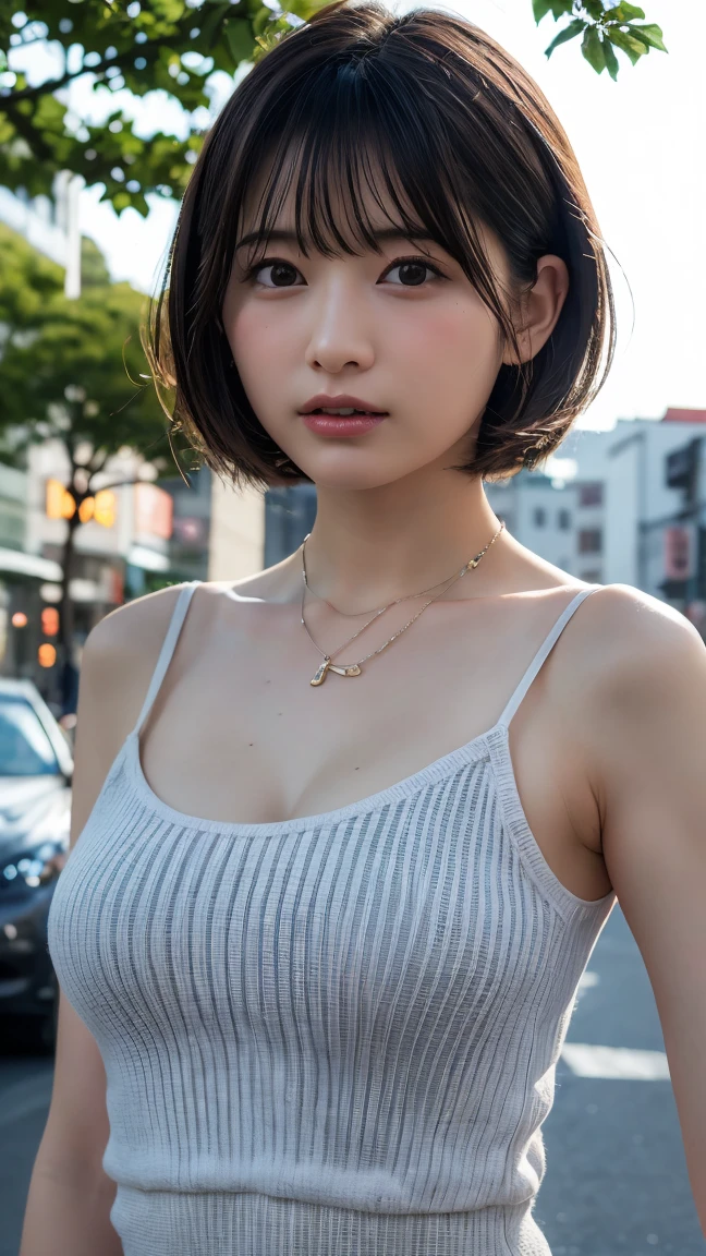 ((highest quality, 8k, masterpiece :1.3)), sharp focus :1.2, beautiful woman with perfect figure :1.4, thin abs :1.2, ((layered haircut, big breasts :1.2)), (green tank top shirt :1.1), (street :1.2), Highly detailed face and skin texture, fine eyes, double eyelid,nude