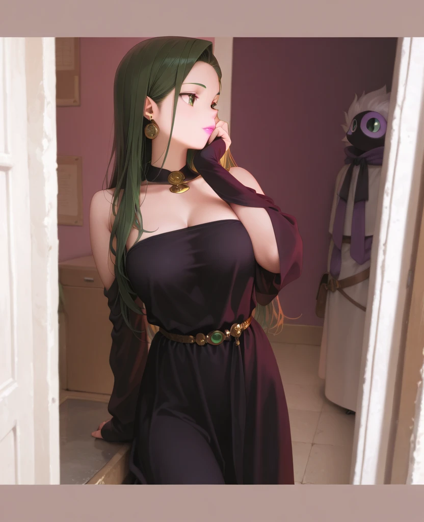 (full body, standing, standing on the ground:1.5), (Saria/woman large breasts), wearing black white parts/maid outfit, extremely tight on body, with maid scratch on head, looking at the viewer, smile, is inside a hotel room, (hair blue:1.5), (eyes greens:1.5), anime style, 16k, best quality, high details, award winning, anatomically correct, masterpiece, UHD