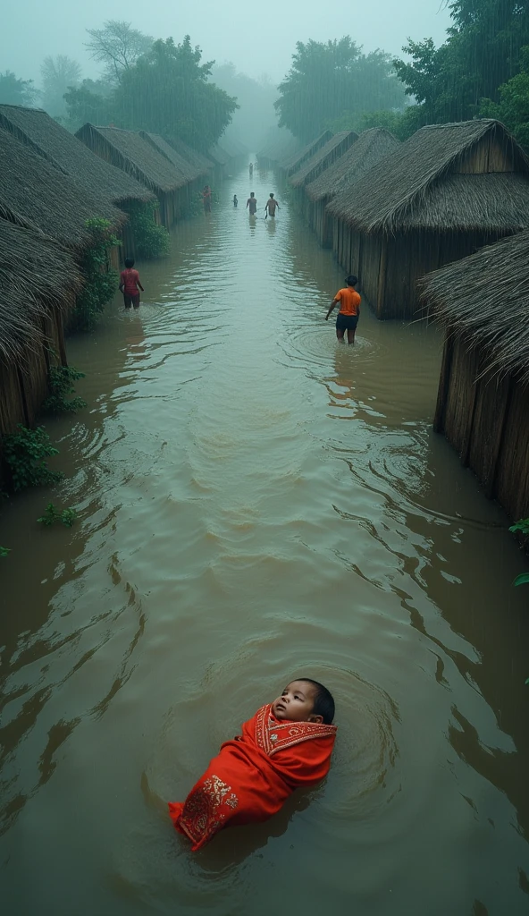 A new born child floating in the flood in Bangladesh situation.she is tired and hungry. looking very poor,miserable.a rescue board coming to saver her and it was too much raining. There are lots of children