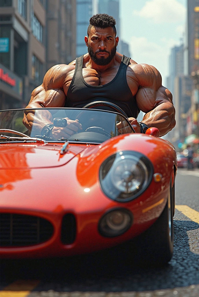 a muscular man next to a ferrari on the street, dressed in gym clothes