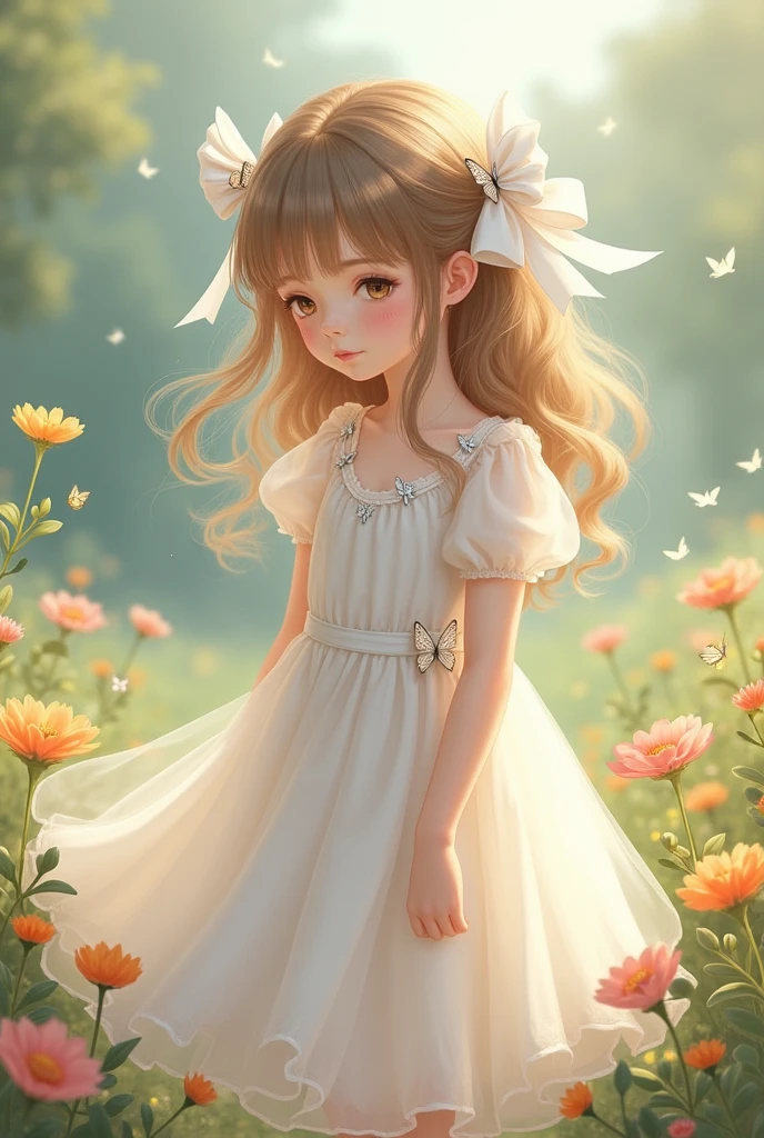 a girl of 3 to 5 years old in a flower garden with golden brown hair wearing a long white dress in the middle of a flower garden with many animals around, her back looking at the sky