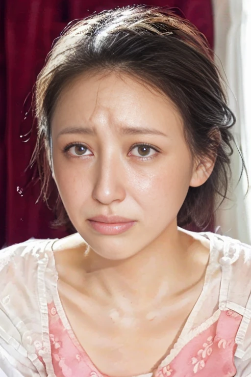 Chinese,(Brown race),Dark Skin,、((Full nudity))、Married Woman、((Get angry))、cry、((Glare))、(Photorealistic)、Dirt、((((Saggy big breasts))))、(Dark Room)、Concrete wall、(Sweaty skin)　((No makeup))、(Real Face))、((No makeup))、((Full nudity))、Mature Woman　Mom　Mother　40 years old　Stains　freckles　(Sad:1.5)　(Depressed:1.5)