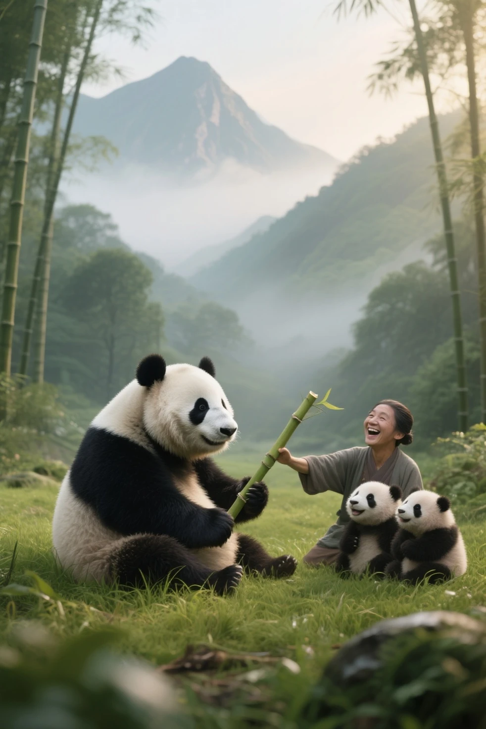 An image showing a girl sharing bamboo with a group of adorable pandas. A cena se passa em uma floresta de bambu, onde a menina e os pandas interagem com delicadeza e deleite. The image embodies a sense of harmony and conservation.