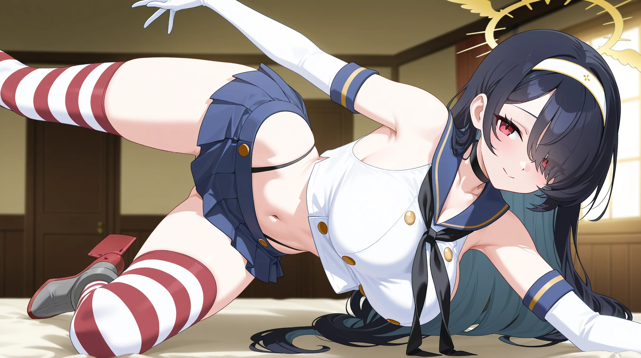 masterpiece, best quality, absurdres, perfect anatomy, 1girl, solo, Shura, hair ornament, hair flower, wrist cuffs, playboy bunny, leotard, pantyhose, fake bunny ears, contrapposto, smile, hands on hips, cowboy shot, indoors, bedroom,
