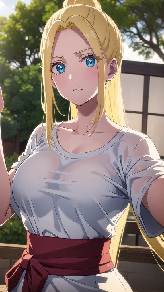 beatrixamerhauser, beatrix amerhauser, long hair, blue eyes, blonde hair, gloves, ponytail, (medium breast:1.2),
BREAK gloves, fingerless gloves, armor, japanese armor, tank top, white tank top, cleavage, collarbone,
BREAK looking at viewer,
BREAK outdoors,
BREAK (masterpiece:1.2), best quality, high resolution, unity 8k wallpaper, (illustration:0.8), (beautiful detailed eyes:1.6), extremely detailed face, perfect lighting, extremely detailed CG, (perfect hands, perfect ???????),