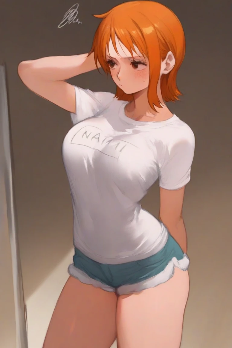 (masterpiece:1.2, best quality), (shibuya kanon, 1girl, solo, solo_focus, blush, large breasts, cleavage, deep skin, orange hair, short hair, purple_eyes, low ponytail:1.4, clothes lift,shirt lift, underboob, white shirt, white shorts, sweat, paizuri, nipple) (twilight, sunset, sunrays, perfect lighting:1.4)