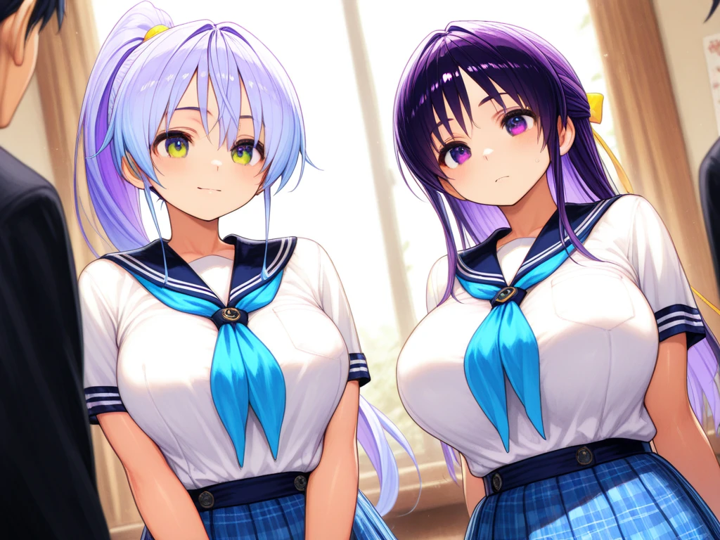 Masterpiece、Highest quality、Super detailed、1 girl、(Big Tits)、Fluffy and soft long hair、Blue Eyes、Cleavage、((Showing undermile、Too big soft breasts、Blue Hair、Belly button、School classroom