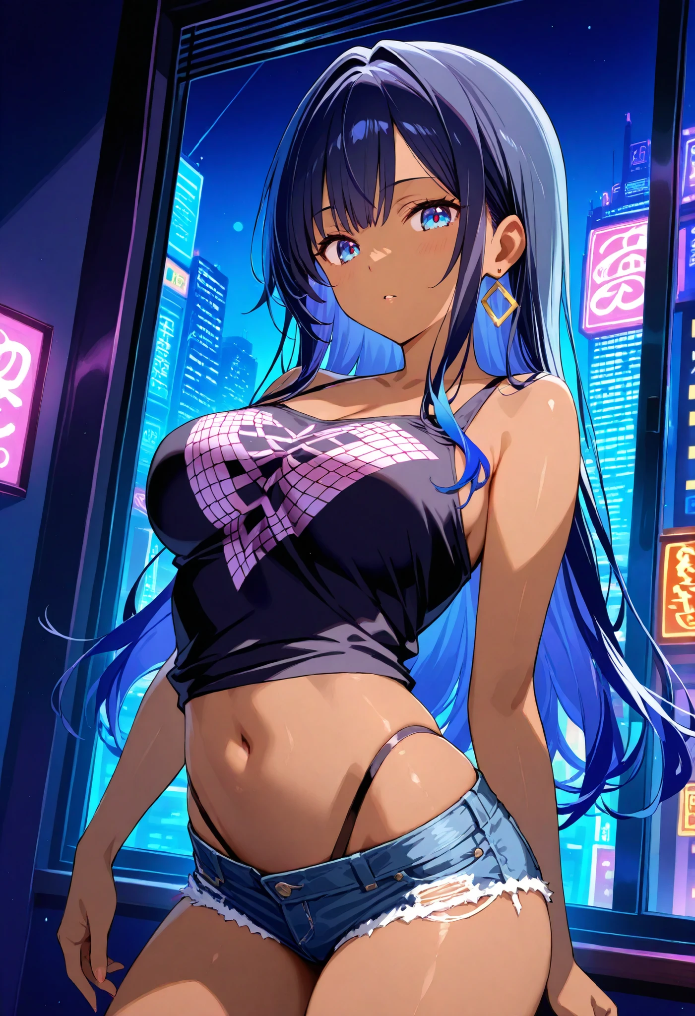 (masterpiece:1.37), best quality, (extremely detailed:1.37), woman, (very long hair:1.5), dark purple hair, purple eyes, (extremely detailed eyes:1.37), hoodie, cleavage, navel, jeans, unzipped, open fly, desperation, (wetting: self 3.0), standing, city, futuristic, neon lighting, high-tech