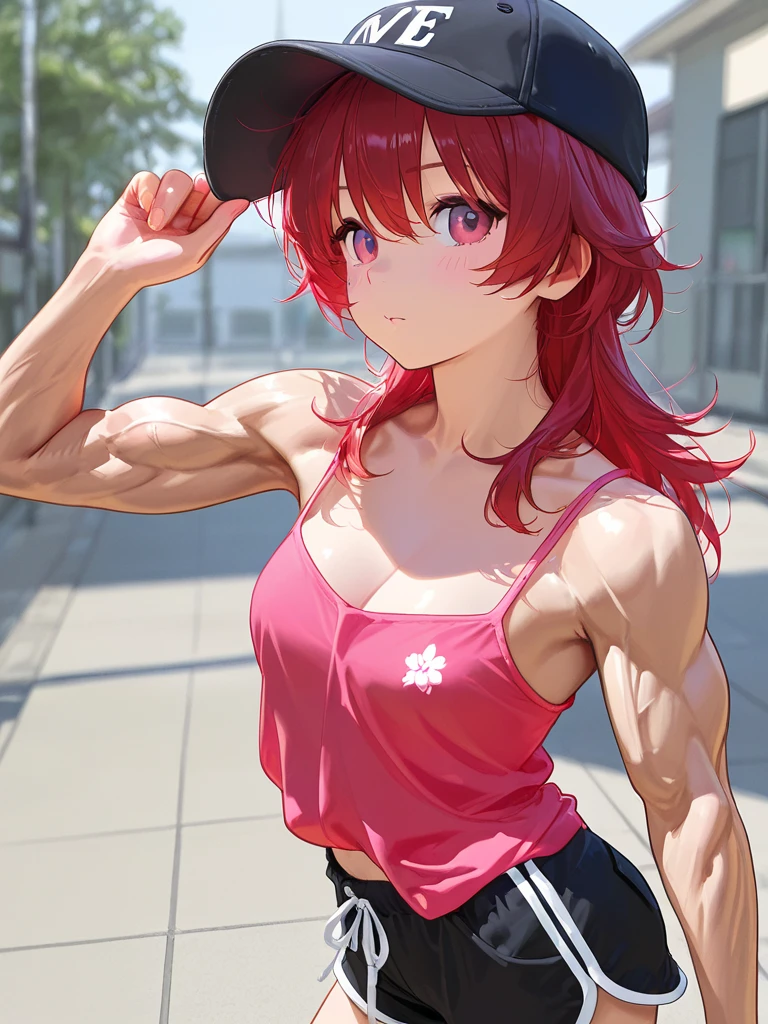 High-definition high-quality slut punk skate girl, colored hair, muscles, sweating, thight clothes, g-string, dripping, smiling, bright, city, work out, pucker, tattoo artist