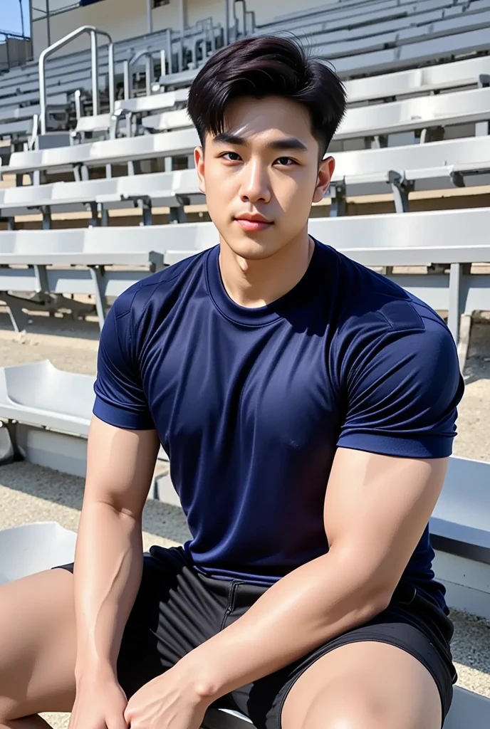 独奏: 1.5, (As a matter of fact, Masterpiece, 8k HD, good light quality, sportswear, fit the face, complicated details), A handsome, muscular young Korean man sits at a table, with muscular arms. , 20 years old, be happy, detailed face, delicate eyes, look at the sky, Wear a tight blue t-shirt.:1.6 , jeans period, black eyes, Black hair color, ผมsmooth, smooth,Surreal,Superb details,Highest quality,real,Open your mouth to talk. , Close your eyes., (standing in the football field:1.1)