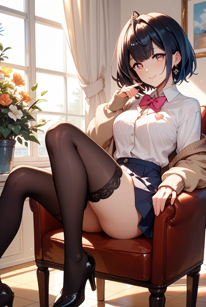 solo, 1 girl sitting, arms behind back, black short hair, blunt bangs, sidelocks, large perky breasts, BREAK, white tight-fit blouse, short black high-waist skirt, black thighhighs, BREAK, nose blush, smile, cameltoe