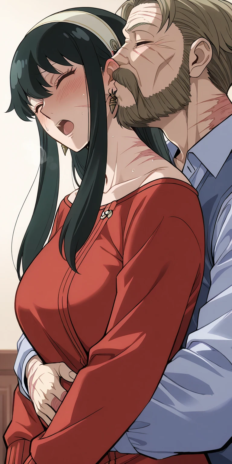 Shirtless boy kissing and making out passionately with a sexy and cute woman, black brown hair, long hair, straight hair, weak eyes, blushing intensely, lips parted, ready to kiss, long oversized white shirt