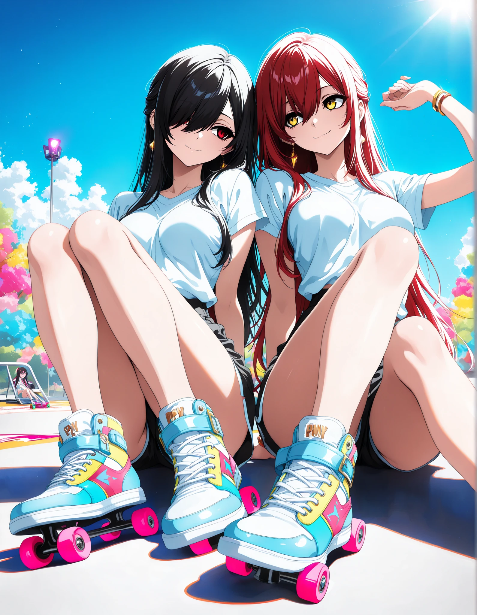 (only 2girls),duo focus, multiple girls, ,sitting in a skate park, sunny day, Composition, foreshortening, positioning, pose, improved pose, body composition, facial expression, expression, sitting, simple y2k fashion, simple clothes, after ballet practice, dynamic composition, y2k fashion, BREAK 1 girl , golden eyes , very long hair , long sidelocks, red hair ,half updo, petite , very cute , beautiful ,Straight hair, cool, handsome, hair between eyes, sexy, medium breasts, sitting outside in the curb, simple cute jewelry, bracelets, looking at each other, adoration, colorful, hyperpop, cute,adorable, BREAK 1girl, Kuroki Monika, black hair, very long hair, hair over right eye, red eyes, medium breasts, (petite but curvy, very cute), colorful scenecore quad skates, neon color palette, ,perfect anatomy, dim lights, detailed eyes, detailed face, detailed lineart, beautiful eyes, perfect eyes, perfect iris, hair between eyes, ,pny_style, smile