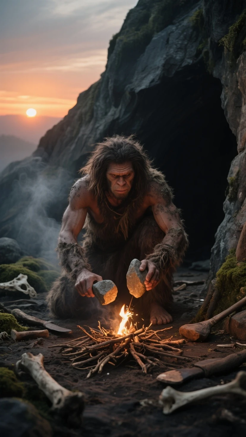 clay, a caveman sitting near a bonfire in a cave, prehistoric, <lora:CLAYMATE_0.3_:0.8>