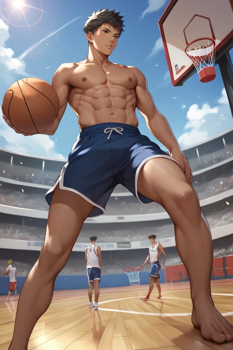 （masterpiece，best quality，H），1 person，nude男孩，Very shy，My face turned red，Shy，muscular，Delicateeyes，nude，(nude)，blue eyes，Shirtless，Full body，Blue purple short hair，（fluorescent lamp），（a color），（（Blue Background）），Basketball shorts，White socks，
