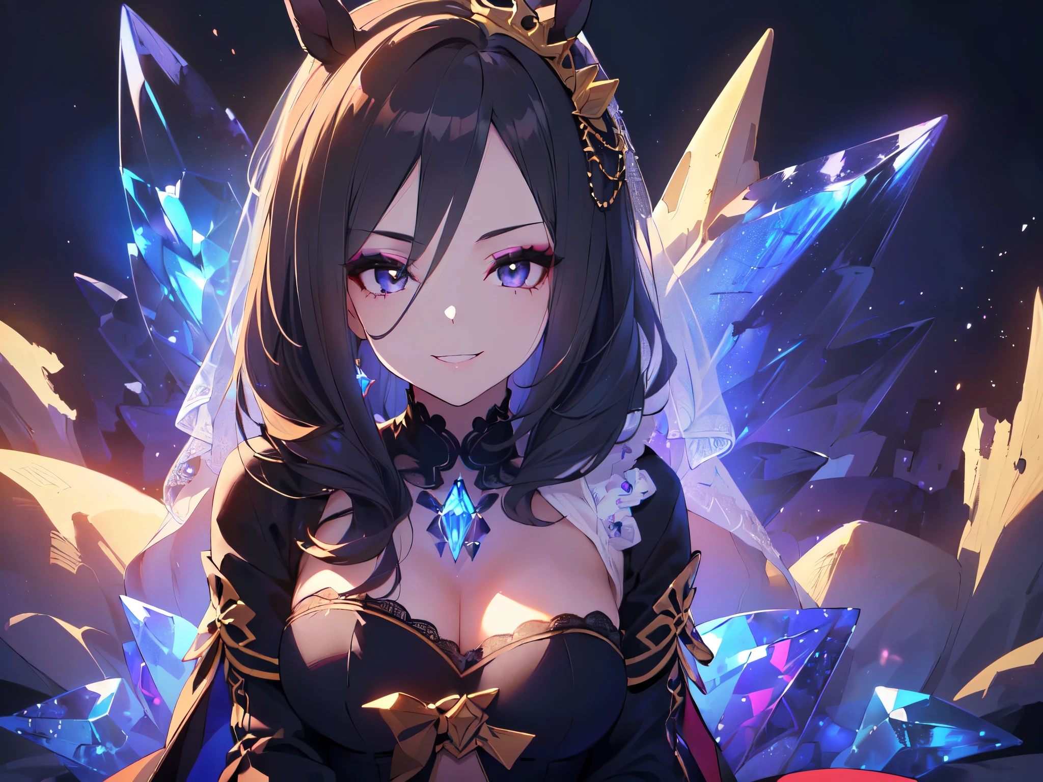 (Solo, alone, girl, chubby, big, short, short arms, horse ears, super long wavy hair, wearing tiara, black lace long sleeve wedding dress and skirt, cape, veil, eyeshadow makeup, cheek makeup, arms behind head, sitting sideways, looking diagonally upwards with seductive smile, looking diagonally upwards with seductive look, dark purple background, blue crystal world, blue crystal ground, backlit, 2DCG animation, great looks, detailed anatomy, masterpiece, highest rated, 16K, upper body only: 1.5)