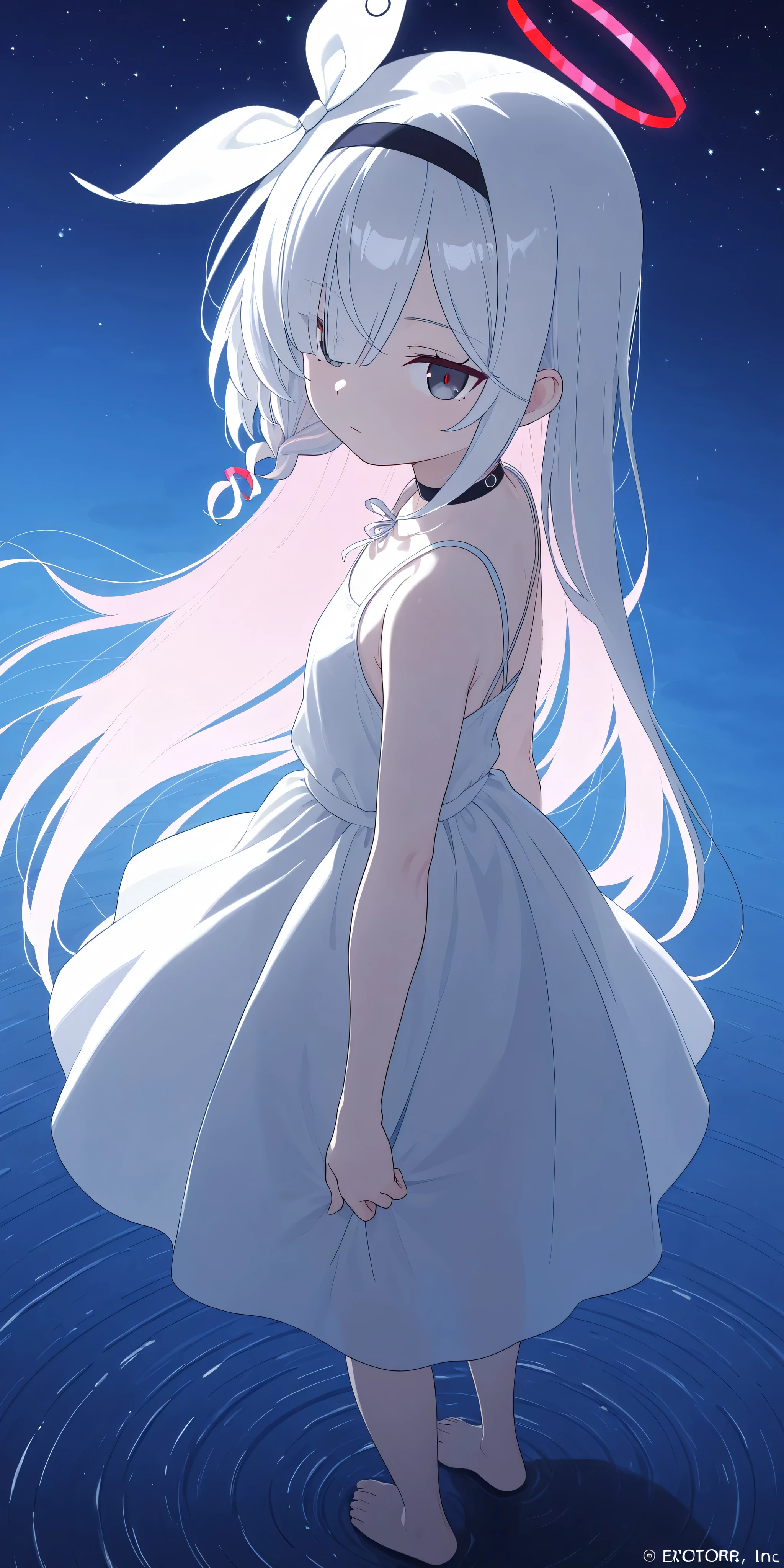 score_9 , score_8_up , masterpiece , best quality , highres , absurdres , official art , official style , source_anime , anime screencap , anime coloring , anime , animated , source_anime , explicit,Highest quality, masterpiece, outstanding quality.Plana_(Blue_Archive).

Late at night, very dark, only the starry sky with few clouds is shining, (Uyuni Salt Flats at Night: 1.1).

(Plana stands on the water), Plana's long hair flutters in the wind, her outfit is a simple long white dress, her skirt flutters in the wind,  feet, Plana's expression is expressionless and fleeting, Plana is looking to the side, Plana's gaze is directed at the viewer,
high angle,
(masterpiece), (highest quality).