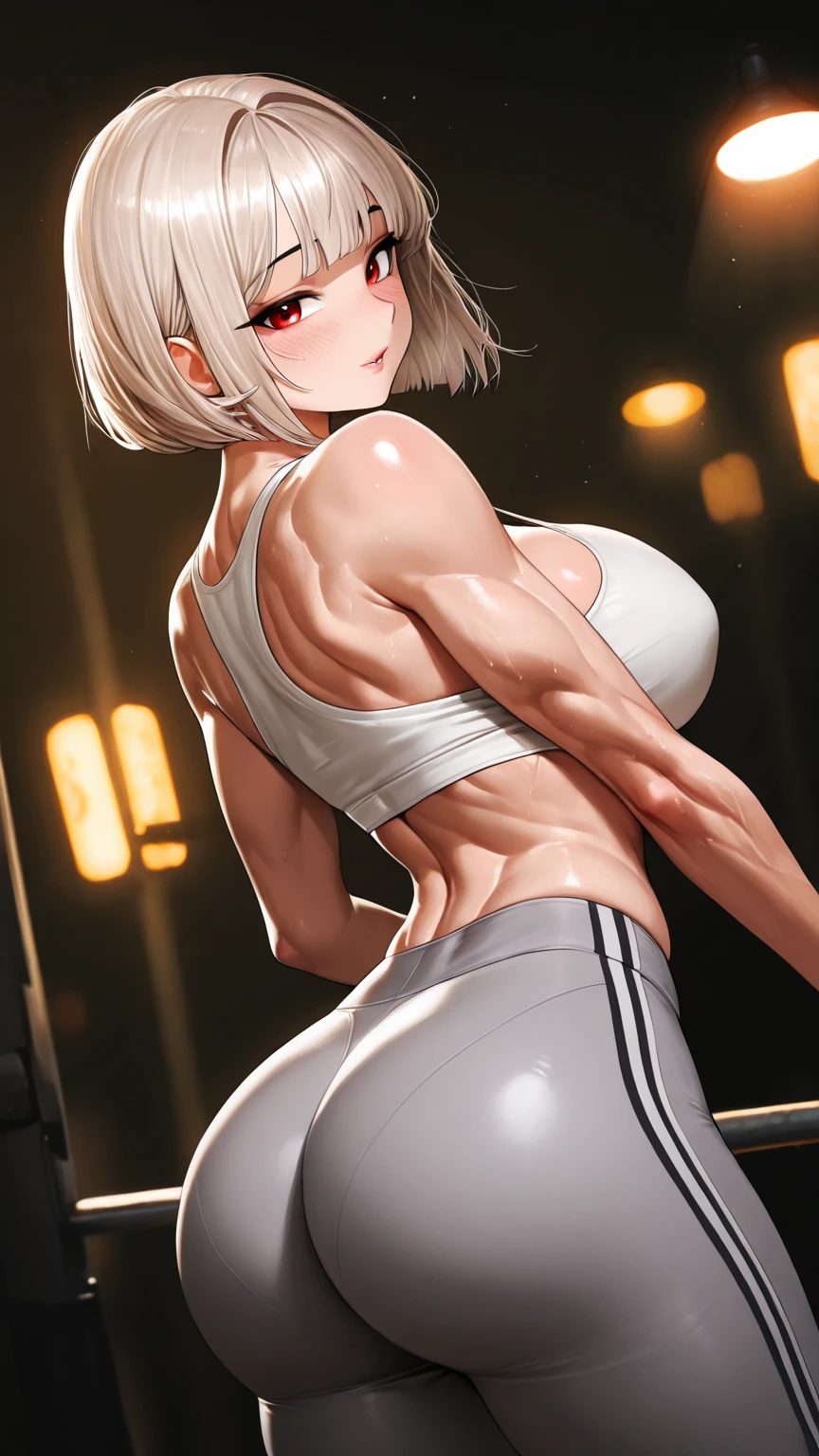 bodybuilder, pretty face, serious face, white hair, red eyes, perfect body, fit body, abdomen, big breasts, muscular,