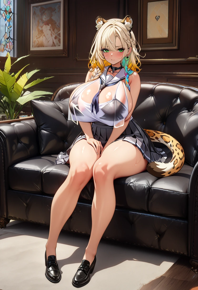 ((exceptional quality)), ((masterpiece)), (detailed), perfect face, perfect eyes, perfect proportions, white hair, white cat ears, white cat tail, gigantic breasts, thick thighs, red eyes, smirking, green top, towel, bed background, laying on bed