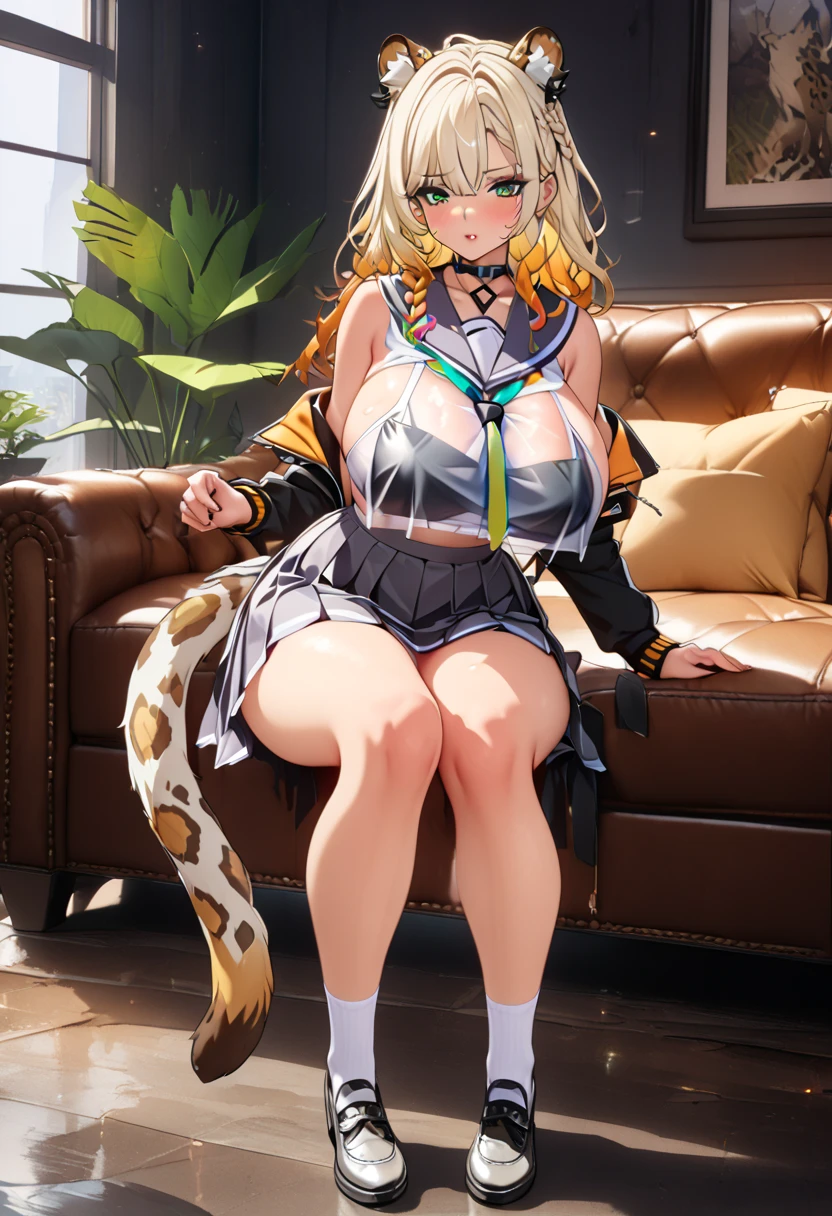 Masterpiece: 1.4, beautiful, grass field, ??????, daytime,(1 girl), (anime woman, beautiful mature face, sitting on the chair with open legs ,underboob, looking at the viewer, blonde long curly hair, seductive bright makeup, fit, bubble butt, sports top,latex shorts, white sneakers)