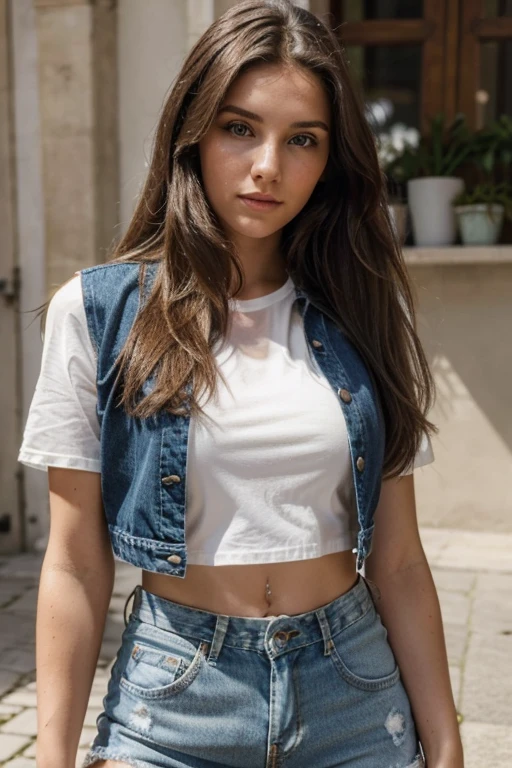 1 chica en, 25 years, pelo largo, escote del pecho, Mira a los espectadores, pelo rubio, Tipo de cuerpo modelo, Esbian de cuerpo completo, Una cara detallada, Un ojo detallado, nariz detallada, boca detallada, un collar, Sweaters, Jeans cortos, Realista, Cara sonriente feliz, Vistas a la naturaleza, de primera calidad, Fotorrealista, foto cruda. 8k, masterpiece