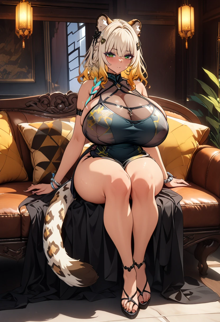 masterpiece: 1.2, best quality), realistic, (real image, intricate details, depth of field), (1girl, solo), makeup, split lips, highly detailed, perfect face,
(huge breasts:1.6), (skin dentition), thick thighs, wide hips, small waist, tall and huge ass
blonde hair, wearing micro bikini, lots of skin on display, sexy, dye, seductive, cleavage, high heels, ear fox, tail fox