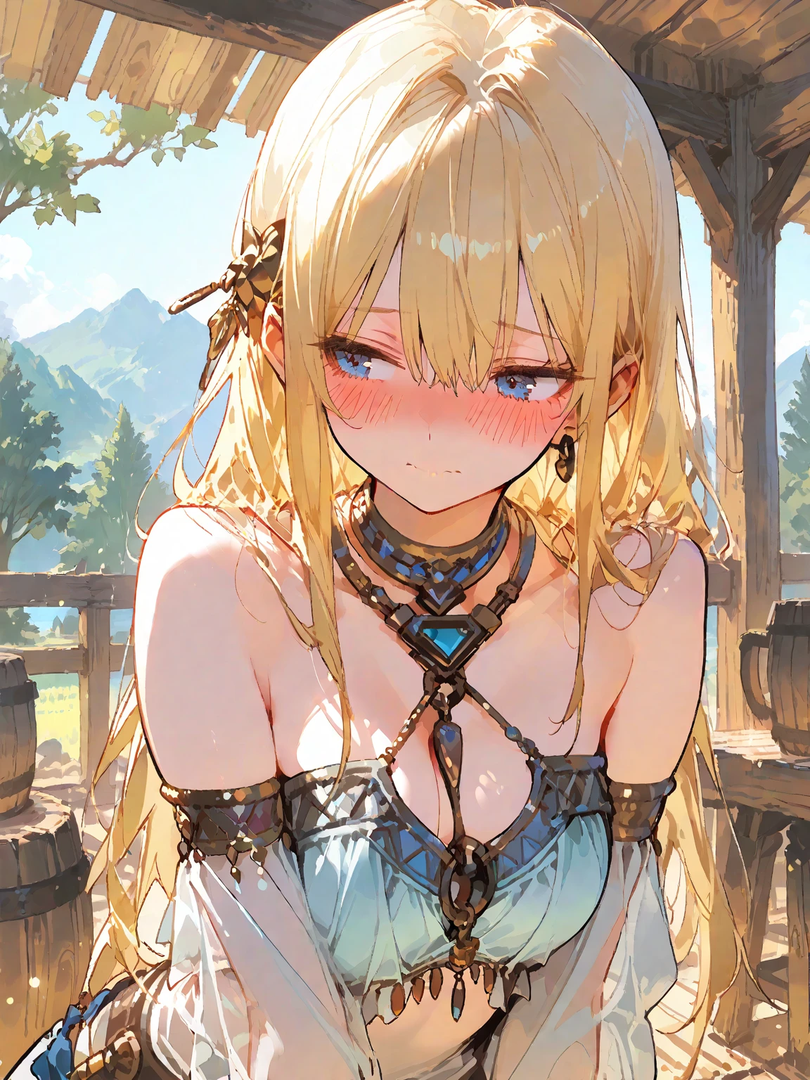 LeinaQuiron woman, 1girl, solo, breasts, blush, blue eyes, blonde hair, large breasts, cleavage, braid, hairband, armor, twin braids, side braid, short hair with long locks, buckle, shield BREAK (masterpiece, best quality:1.3), 4k, ultra-detailed, trending in pixiv, detailed background, BREAK (in the village, countryside, scenery:1.4), BREAK (upper body, from side, relaxing:1.3), smile, closed eyes, (sweat, shiny skin:1.2)