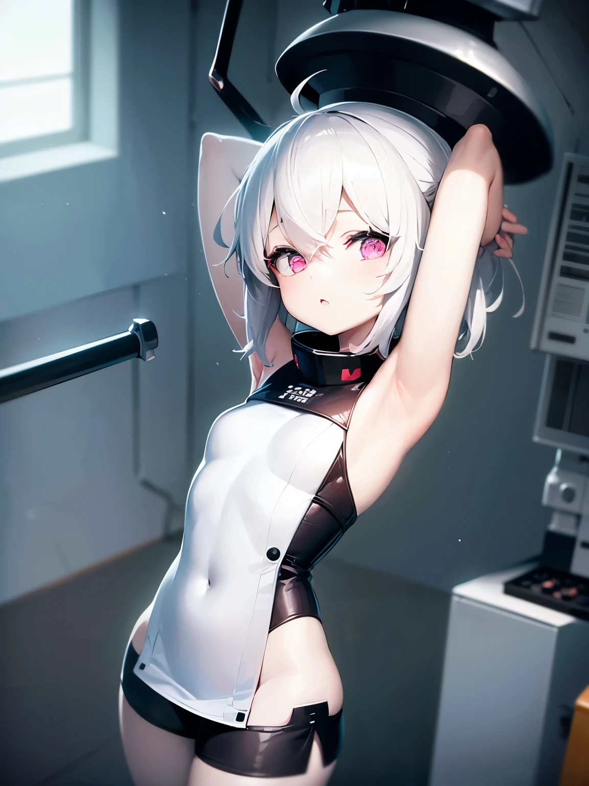 masterpiece, BREAK (abyssal ship:1.3), Shining Eyes, BREAK (white hair:1.2), (pale skin:1.3), BREAK (young girl:1.5), (baby face:1.2), (short stature:1.2), BREAK Armpit, BREAK (Attractive armpits:1.3), BREAK (hands behind head:1.4), BREAK (young girl:1.5), (baby face:1.2), (short stature:1.4), BREAK 1girl, BREAK cowboy shot, BREAK (operating room:1.4), Indoor, BREAK front view, facing forward, looking straight ahead, centered composition, character in the middle, straight-on angle,